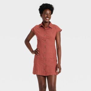 Women's Short Sleeve Mini Shirt Dress - Universal Thread Rust L